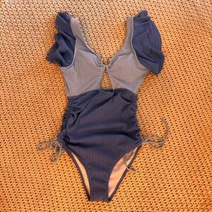 SHEIN Blue Two-Tone Puff Sleeve One-Piece Swimsuit